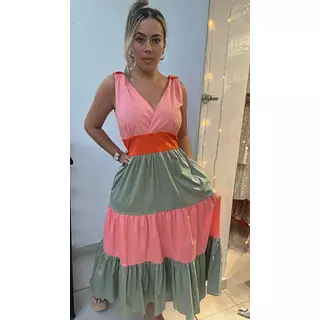 Vestido Salmón Combinado – Elegancia Suave Y Estilo