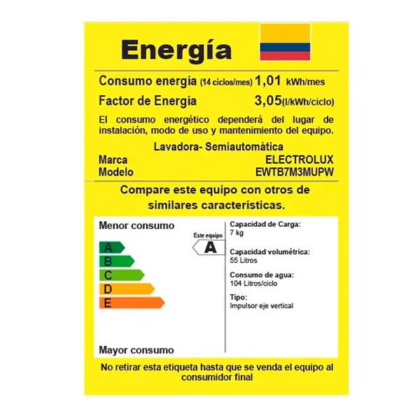 Lavadora Electrolux Semiautomatica 7 Kg Ewtb7m3mupw