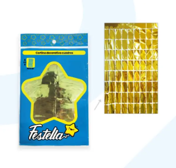 Cortina De Fiesta Espejo Cuadrados Gd Dorados