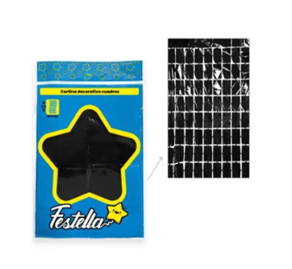 Cortina De Fiesta Espejo Cuadrados Gd Negro