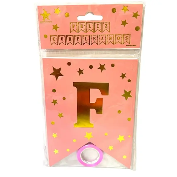Banderin Feliz Cumpleaños Estampada Estrella Rosado