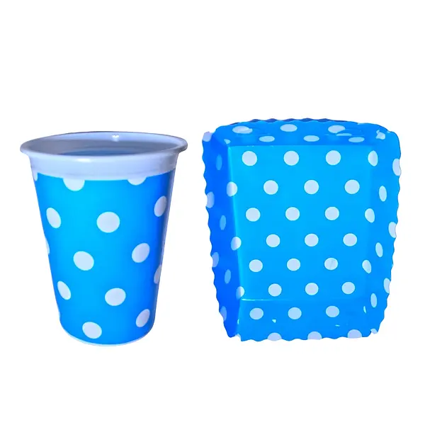 Platos Y Vasos Para Fiesta De Puntos Blancos Y Fondo Azul