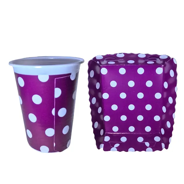 Platos Y Vasos Para Fiesta De Puntos Blancos Y Fondo Morado