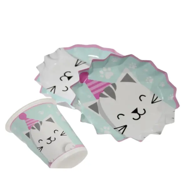 Platos Y Vasos Para Fiesta De Gato Blanco Con Rosado
