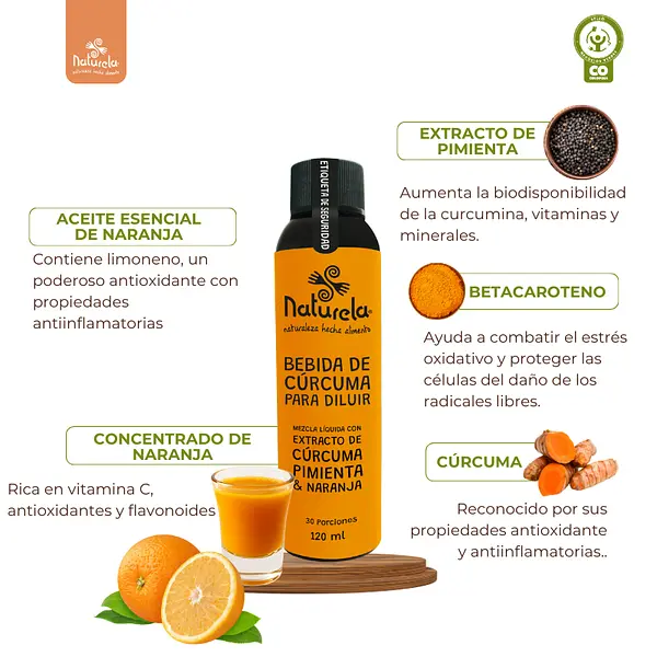 Bebida De Cúrcuma Con Extracto De Pimienta Y Naranja