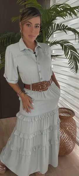 Vestido Largo Azul Grisáceo Con Manga Larga Sofisticado