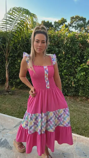 Vestido Fucsia Cuadros Colores