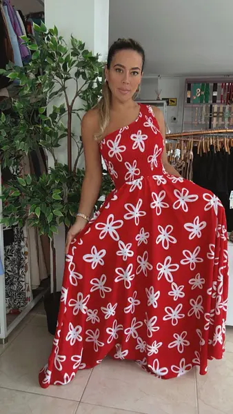 Vestido Largo Rojo Floral-Escote Asimétrico Y Sofisticado