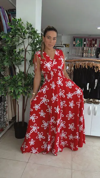 Vestido Largo Rojo Con Flores Blancas - Tiras En Hombros