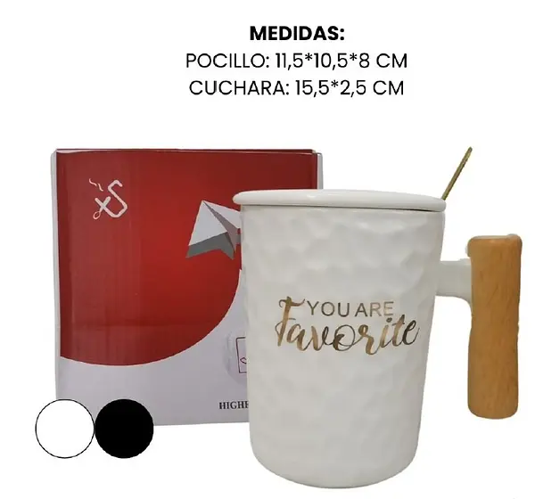 Pocillo Con Textura Blanca Y Mango De Madera