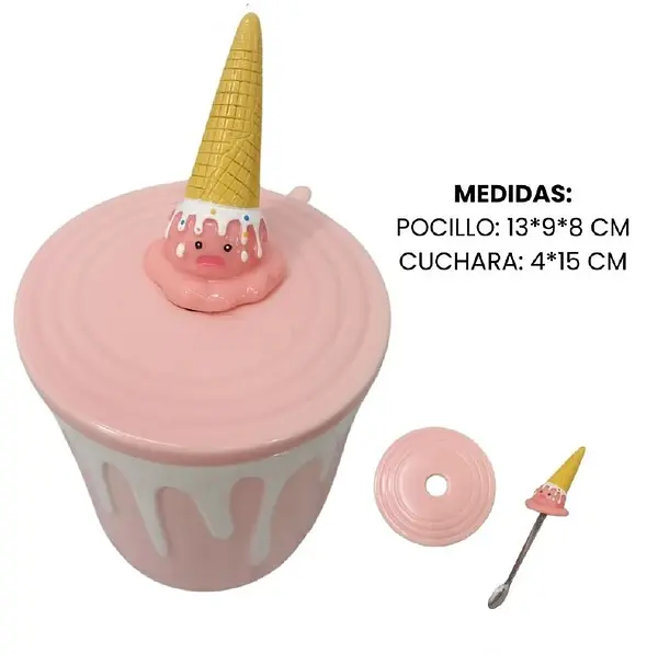 Pocillo Rosado Con Diseño De Helado Y Cuchara Incluida