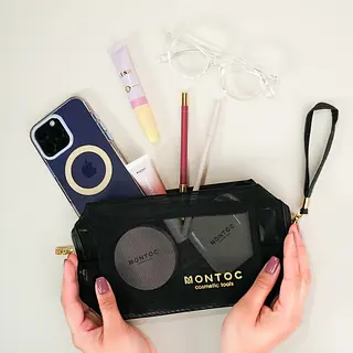 Cosmetiquera Negra En Malla Cierre Dorado Montoc