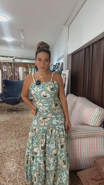 Vestido Lino Tropical En Verde Con Tiras Trenzadas