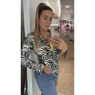 Camisa Animal Print Zebra Para Mujer Con Cuello Y Botones