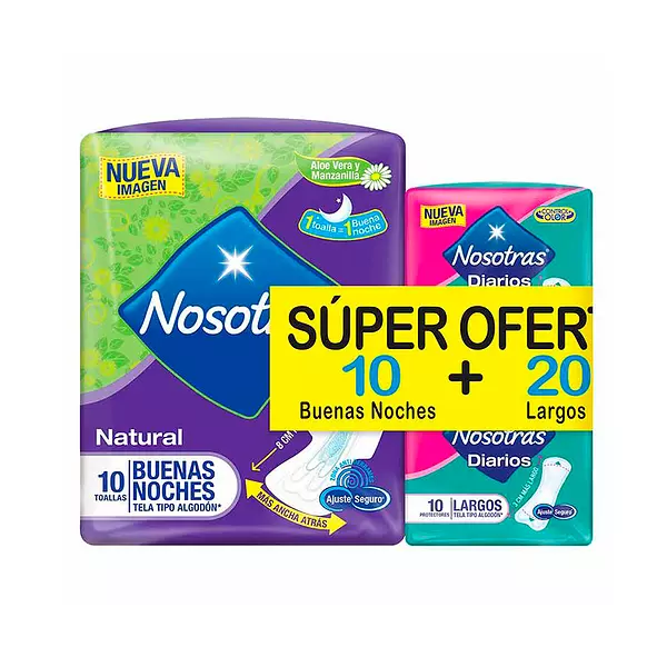 Toallas Higiénicas Nosotras Buenas Noches + Protectores Diarios Largos Nos.